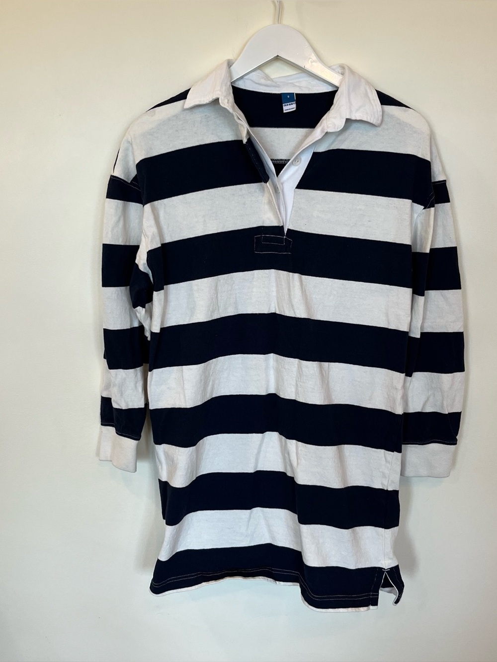 Old Navy Long Sleeve Rugby Polo Shirt Womens Small Blue White Stripe Cotton